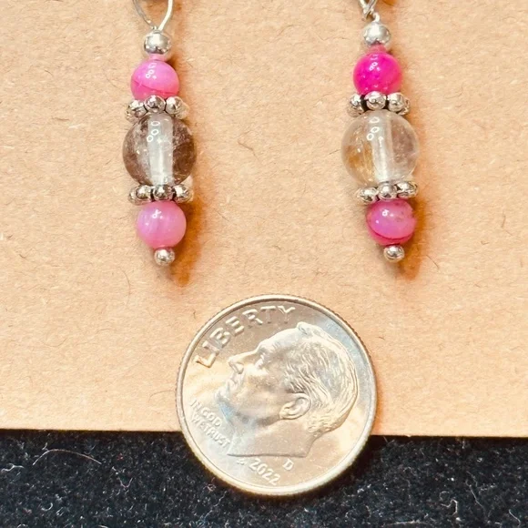 Stainless Steel Dangle Earrings w/Rutilated Quartz & Crackle Quartz - Picture 8 of 10